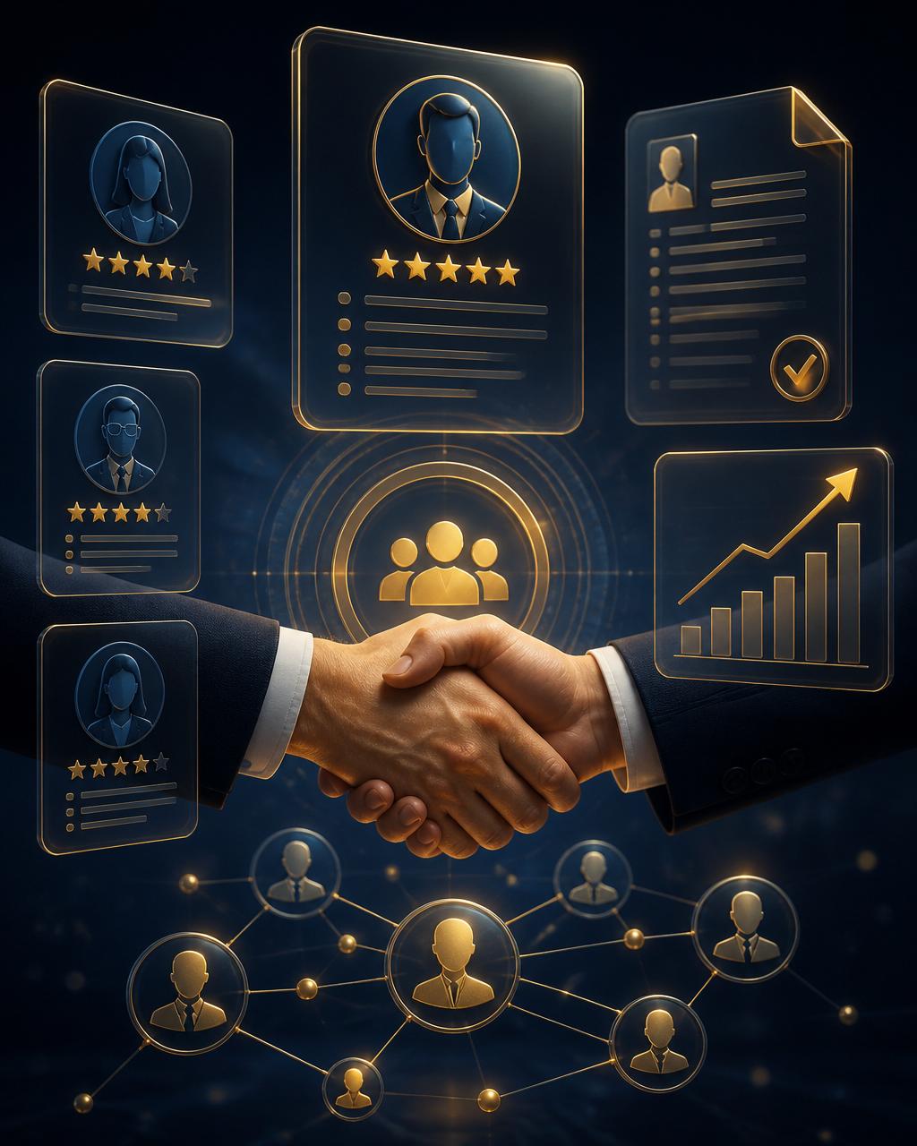 Recruitment consultant and employer shaking hands surrounded by candidate profiles, resumes and hiring growth charts